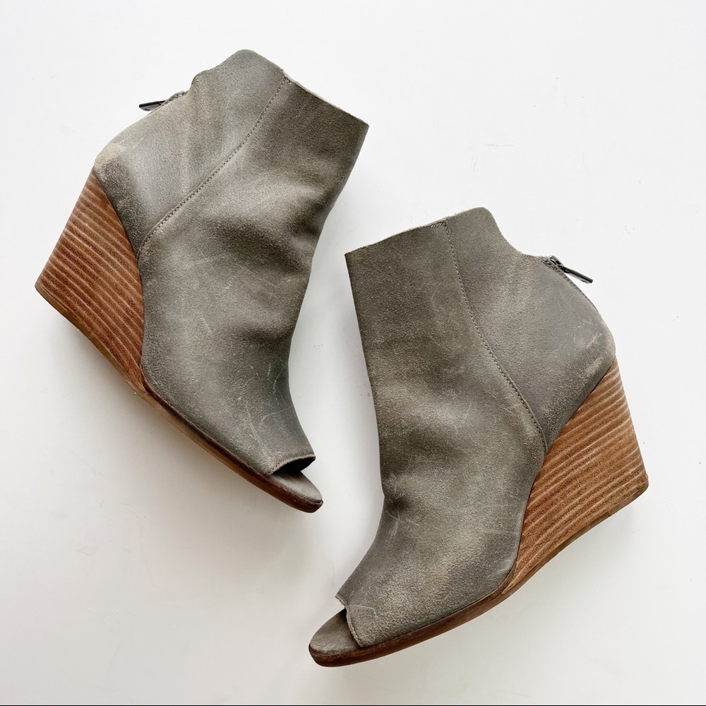 Lucky Brand Gray Suede Peep-Toe Wedge Ankle Booties